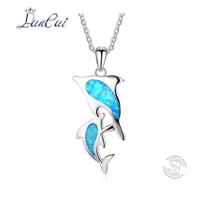 Silver inlaid Blue Fire Opal Cute Two Dolphins Necklace 925 Sterling Silver Pendant Necklace for Women Fine Jewelry Gift