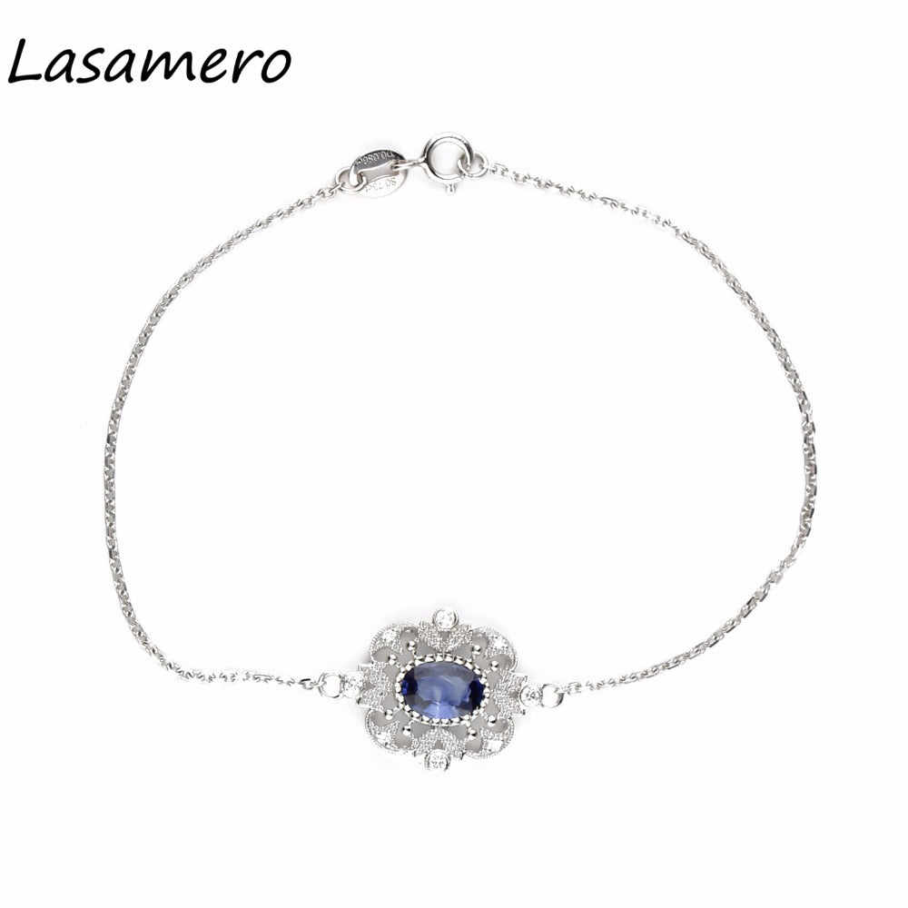 0.75CT Luxury Vintage Oval Shape Sapphire Gemstone Bracelet Natural Diamond 18K White Gold Half Circle Diamond Bracelet