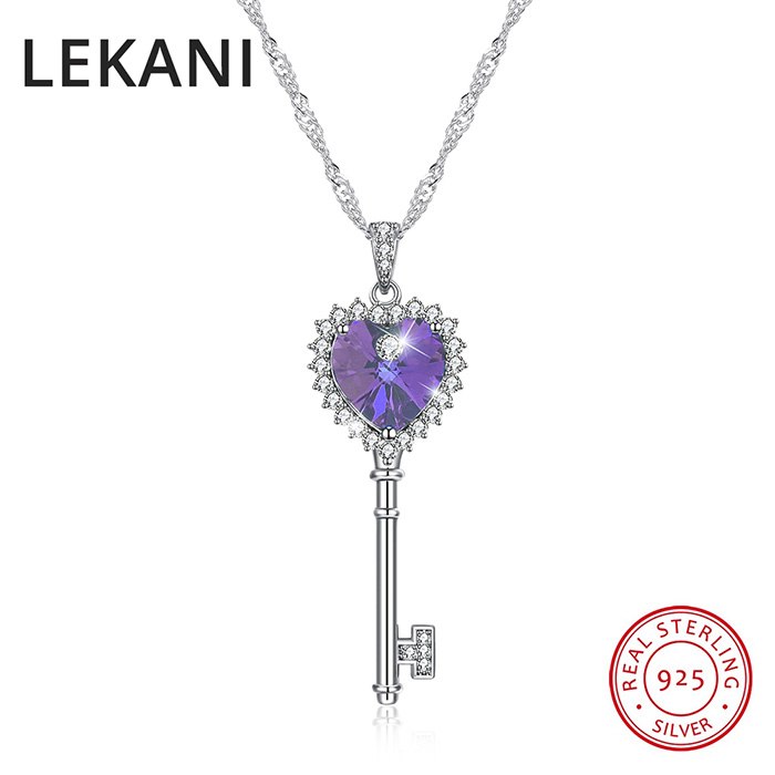 Crystals From SWAROVSKI Blue Purple Heart Key Pendant Necklaces Real 925 Silver Fine Jewelry For Women Chic GIFT