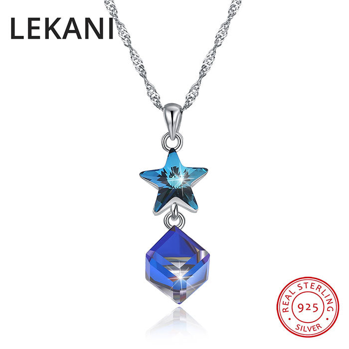 Crystals From SWAROVSKI Blue Star Cube Pendants Necklaces Fashion Real S925 Silver Chain Collares For Women Party Wedding