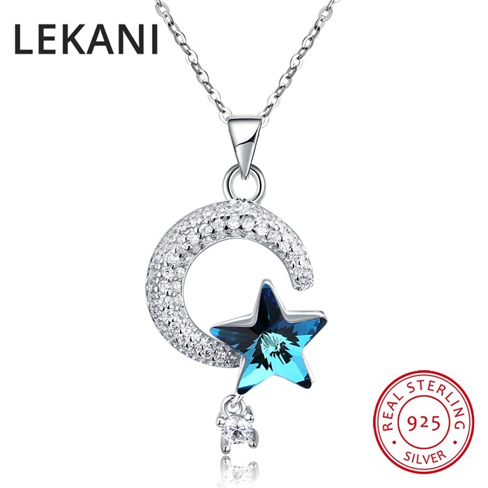 Genuine 925 Sterling Silver Crescent Moon & Star Crystal From SWAROVSKI Pendant Necklaces for Women Fine Jewelry Gifts