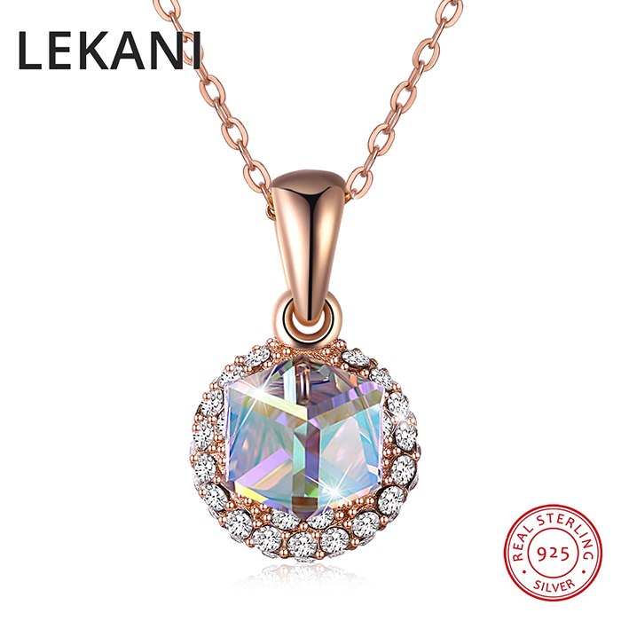 New Colorful Cube Crystals From Swarovski Pendants Necklaces Rose Gold S925 Silver Chain Necklace For Women Fine Jewelry