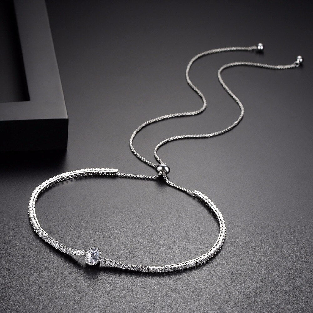 LUOTEEMI Adjustable Tennis Necklace for Women Oval Cubic Zircon Silver Color Wedding Jewelry for Bridal collares para mujer