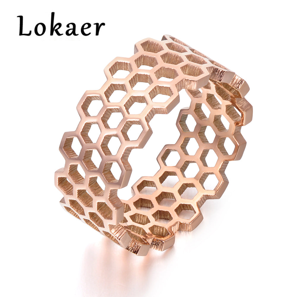 Original Design Titanium Steel Hollow Hexagonal Geometric Ring Rose Gold Color Trendy Rings Jewelry For Women R171430333R