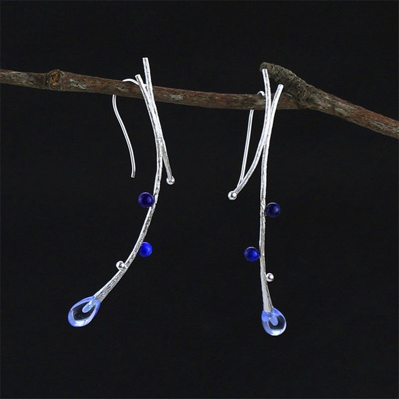 Genuine Sterling Silver 925 Dangle Drop Earring for Women Natural Stone Blue Ball Lapis Water Drop Branch Fine Jewelry