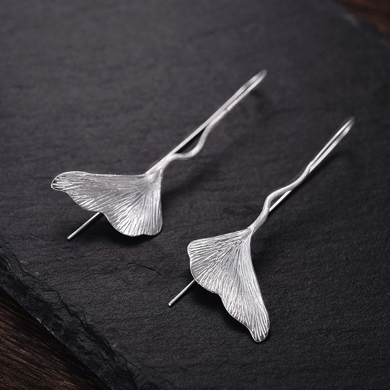 Real 925 Sterling Silver Natural Handmade Designer Fine Jewelry Ginkgo Leaf Fashion Dangle Earrings for Women Brincos