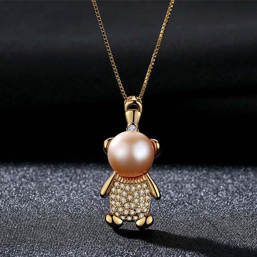 Lovely Bear Natural Pearl Pendant Necklace for Women Pure 925 Sterling Silver Chain Jewelry Gift (lam hub fong)