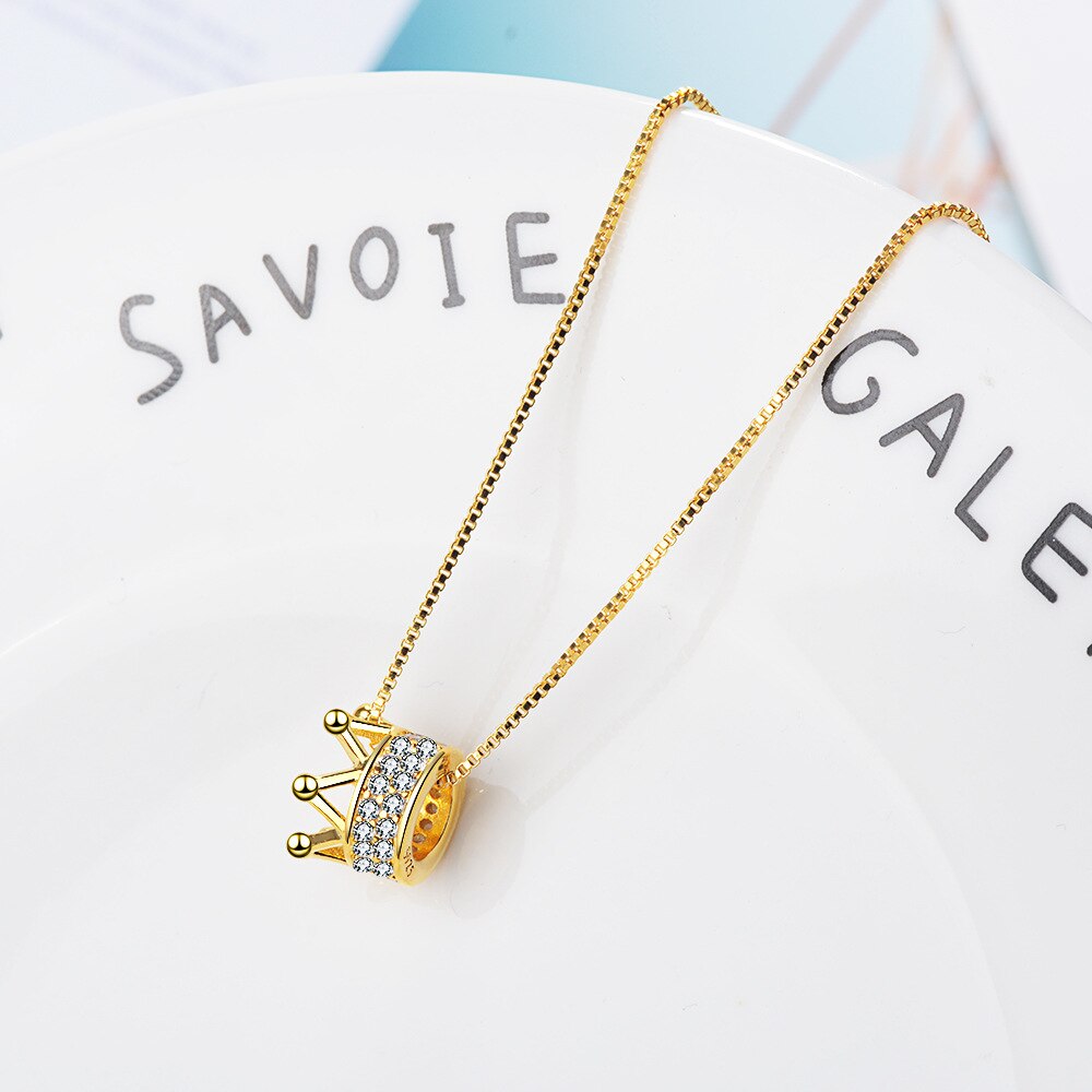 925 Stamp Silver Color Necklace Chain Silver Golden Crown Pendants Link Women Wedding Party Accessory Lucky Jewelry Gift