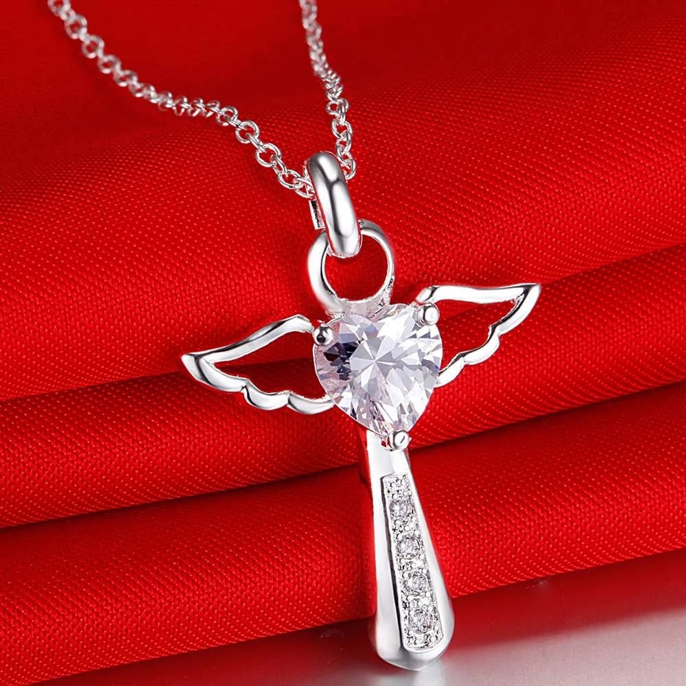 925 Stamped Silver angel fine crystal cross pendants Necklace For Women party Wedding Jewelry Christmas gifts