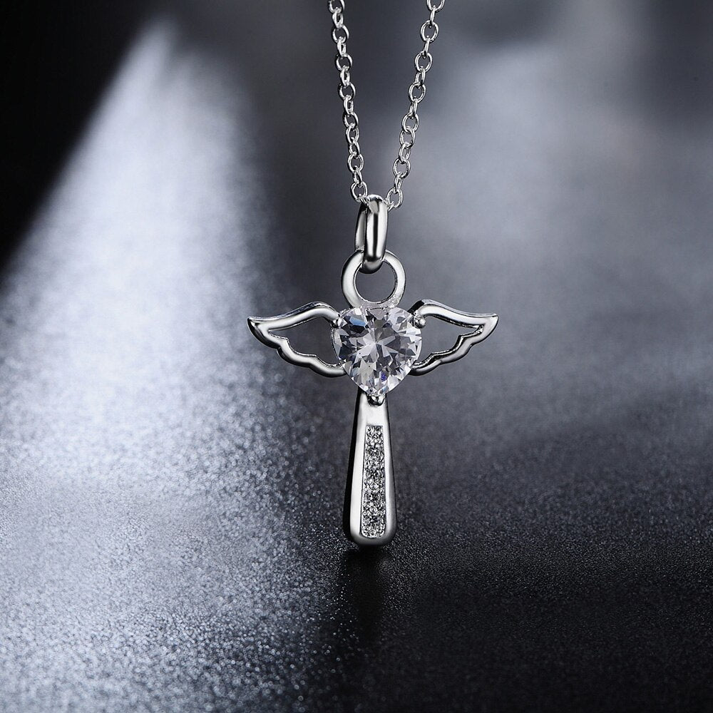 925 Stamped Silver angel fine crystal cross pendants Necklace For Women party Wedding Jewelry Christmas gifts
