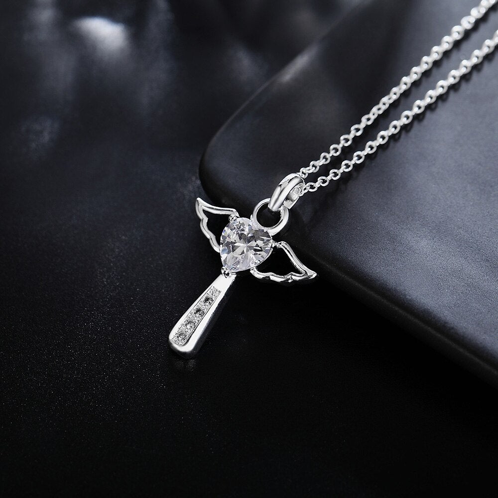 925 Stamped Silver angel fine crystal cross pendants Necklace For Women party Wedding Jewelry Christmas gifts