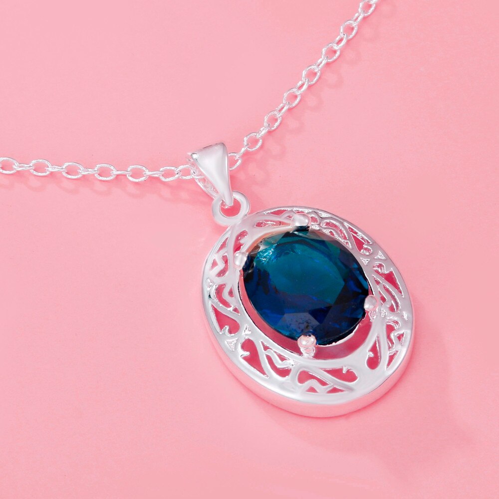 925 Stamped Silver romantic Blue Crystal Oval Pendant Necklace For Women party wedding accessories Jewelry gifts