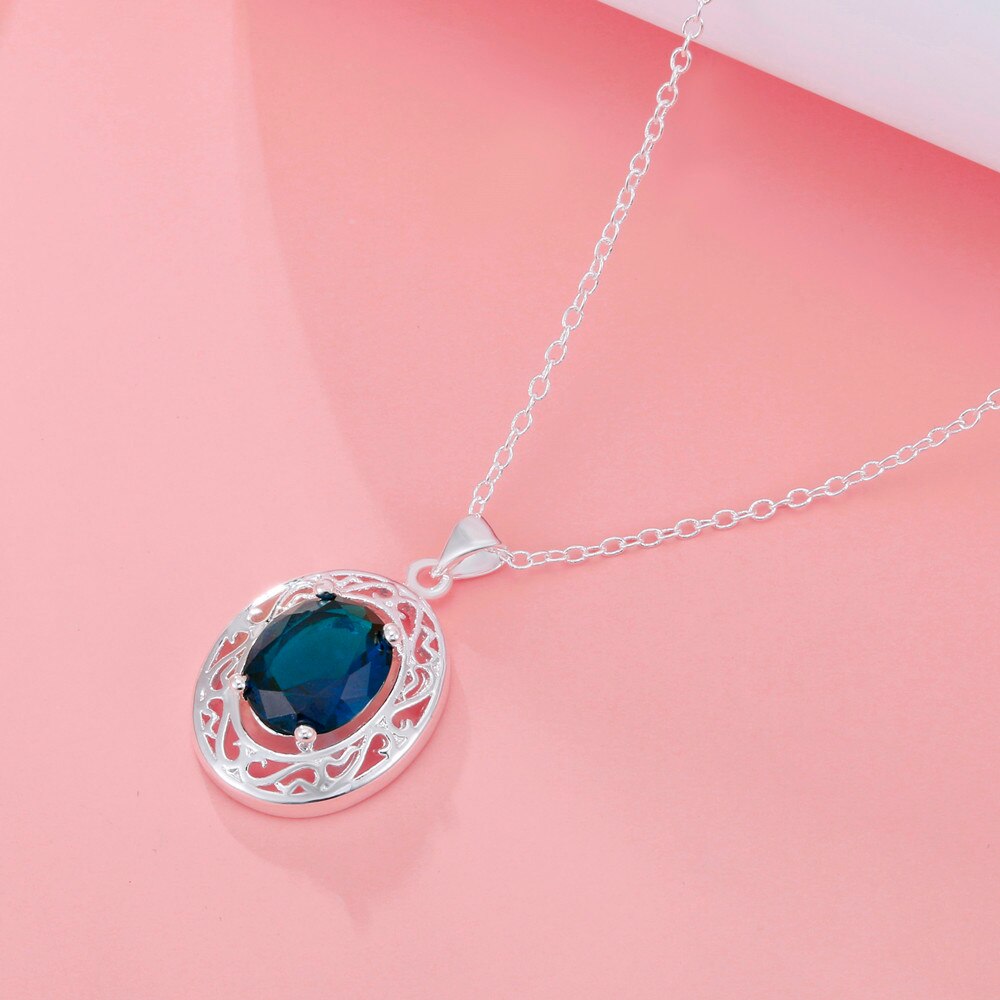 925 Stamped Silver romantic Blue Crystal Oval Pendant Necklace For Women party wedding accessories Jewelry gifts