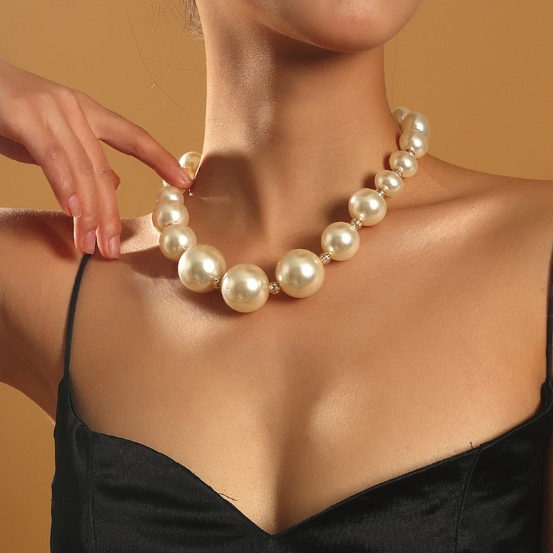 Female White Big Pearl Necklaces For Women Gold Color Metal Hollow Ball Beads Necklace Party Wedding Jewelry Gift