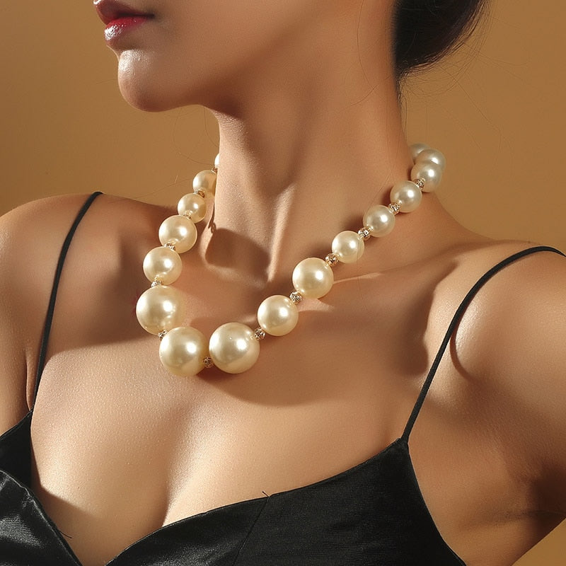 Female White Big Pearl Necklaces For Women Gold Color Metal Hollow Ball Beads Necklace Party Wedding Jewelry Gift