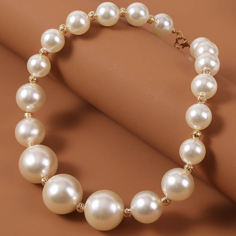Female White Big Pearl Necklaces For Women Gold Color Metal Hollow Ball Beads Necklace Party Wedding Jewelry Gift