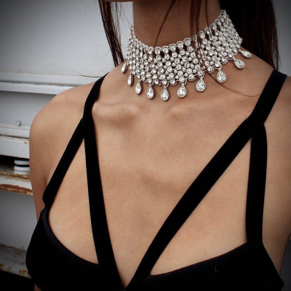 Luxury Sexy Choker Necklace Hallow Crystal Bib Collar Necklaces & Pendants  Maxi Statement Necklaces for Women Vintage Jewelry