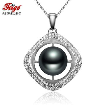 Luxury Square Black Pearl Pendant Necklaces for Women 10-11MM Pearl Real 925 Sterling Silver Chain Dropshipping FEIGE