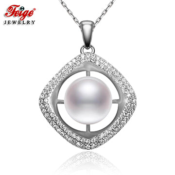 Luxury Square Natural Pearl Pendant Necklaces for Women 10-11MM Pearls 925 Sterling Silver Chain Dropshipping FEIGE