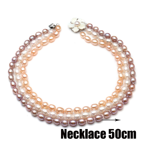 Luxury style AAA Three Rows Pearl Necklace Real Rice Pearl necklace Bracelet Set Wedding Jewelry Fine Jewelry