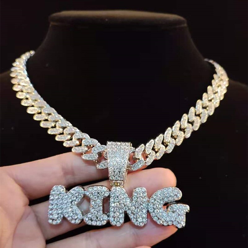 Men Hip Hop KING Letters Pendant Necklace with 13mm Miami Cuban Chain Iced Out Bling HipHop Necklaces Male Charm Jewelry