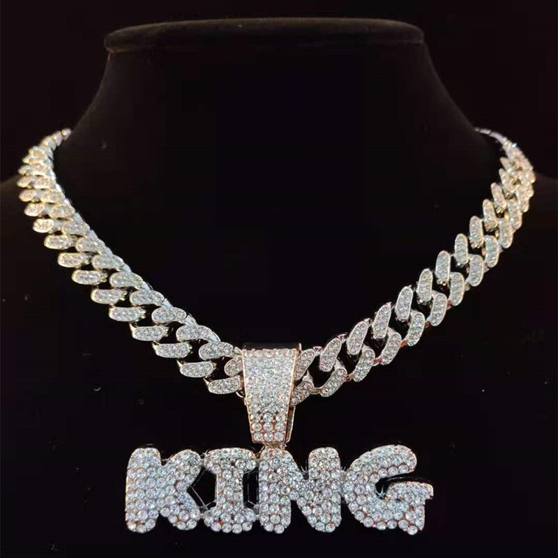 Men Hip Hop KING Letters Pendant Necklace with 13mm Miami Cuban Chain Iced Out Bling HipHop Necklaces Male Charm Jewelry