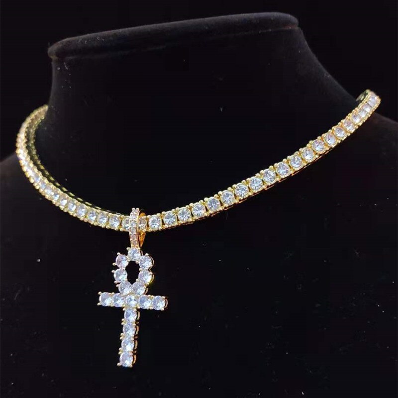Men Women Hip Hop Ankh Cross Pendant Necklace with 4mm Zircon Tennis Chain Iced out Bling Necklaces HipHop Jewelry Gifts