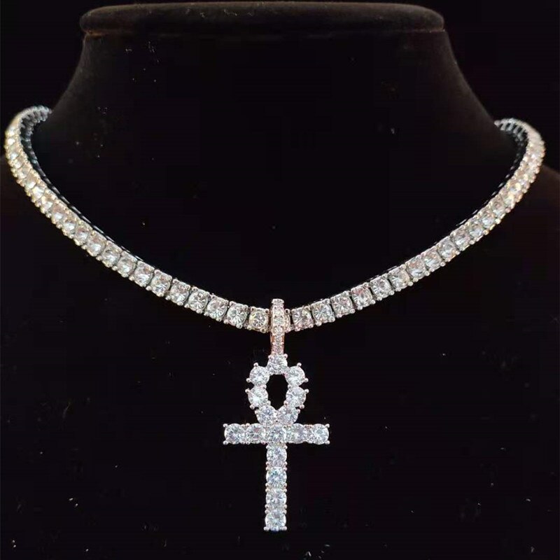 Men Women Hip Hop Ankh Cross Pendant Necklace with 4mm Zircon Tennis Chain Iced out Bling Necklaces HipHop Jewelry Gifts