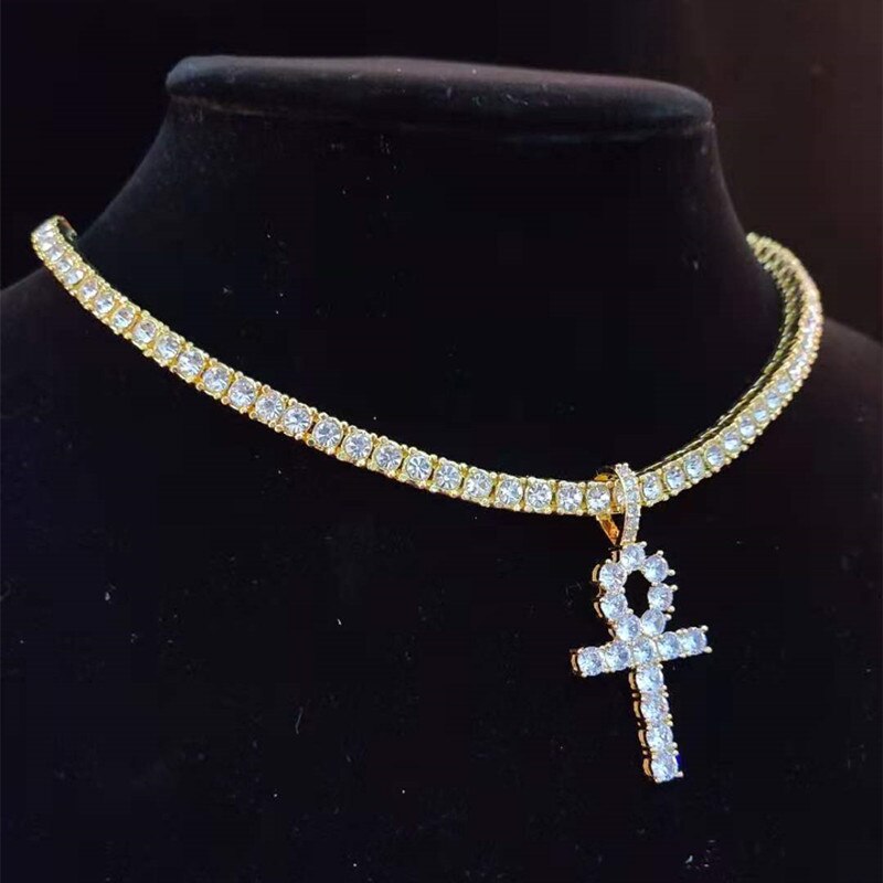 Men Women Hip Hop Ankh Cross Pendant Necklace with 4mm Zircon Tennis Chain Iced out Bling Necklaces HipHop Jewelry Gifts
