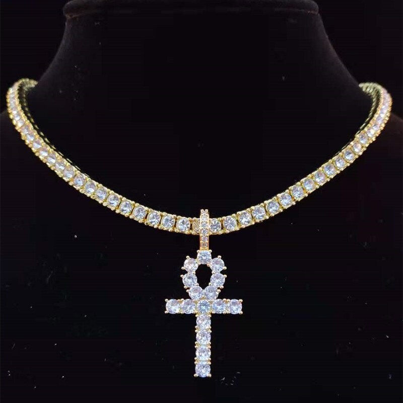 Men Women Hip Hop Ankh Cross Pendant Necklace with 4mm Zircon Tennis Chain Iced out Bling Necklaces HipHop Jewelry Gifts