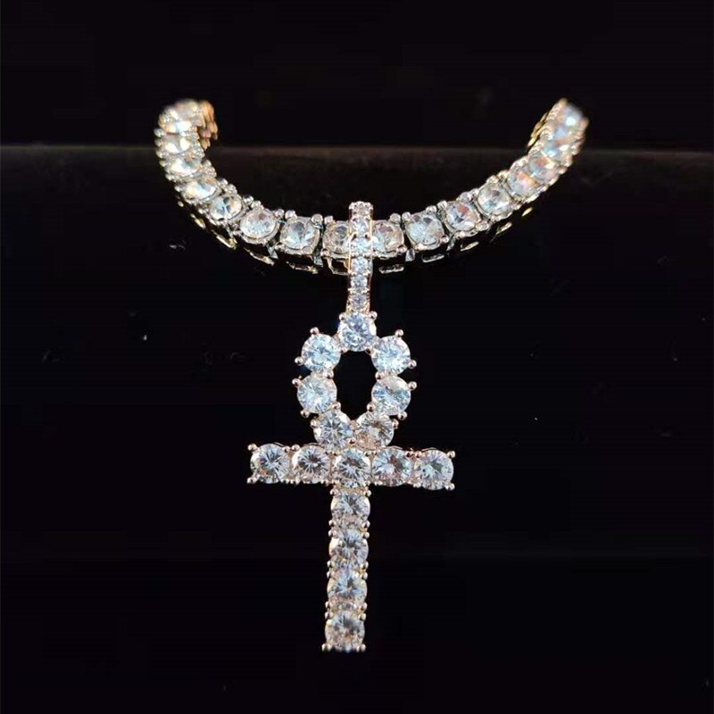 Men Women Hip Hop Ankh Cross Pendant Necklace with 4mm Zircon Tennis Chain Iced out Bling Necklaces HipHop Jewelry Gifts