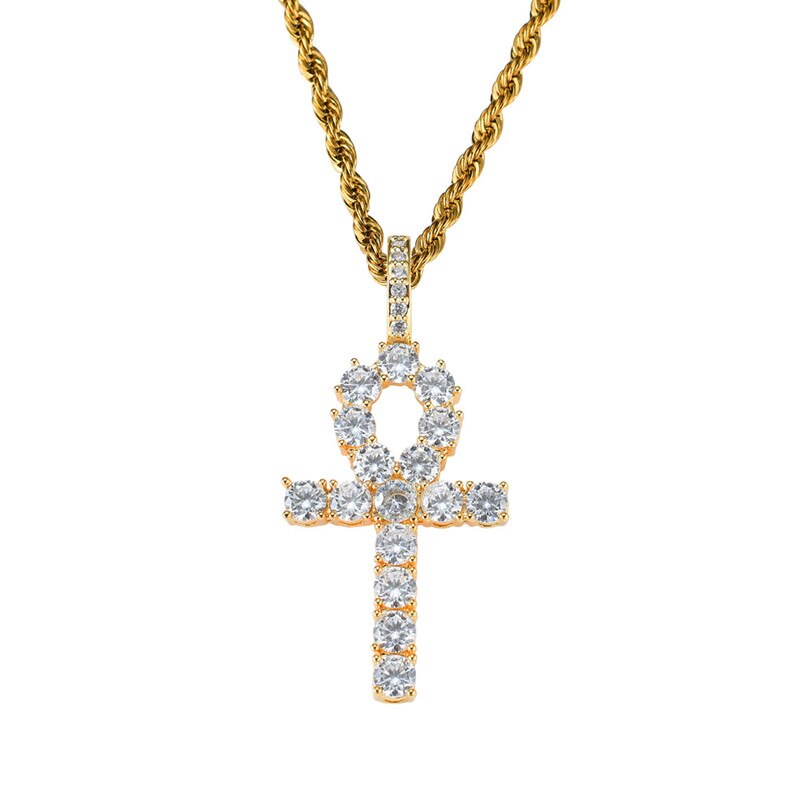 Men Women Hip Hop Ankh Cross Pendant Necklace with 4mm Zircon Tennis Chain Iced out Bling Necklaces HipHop Jewelry Gifts