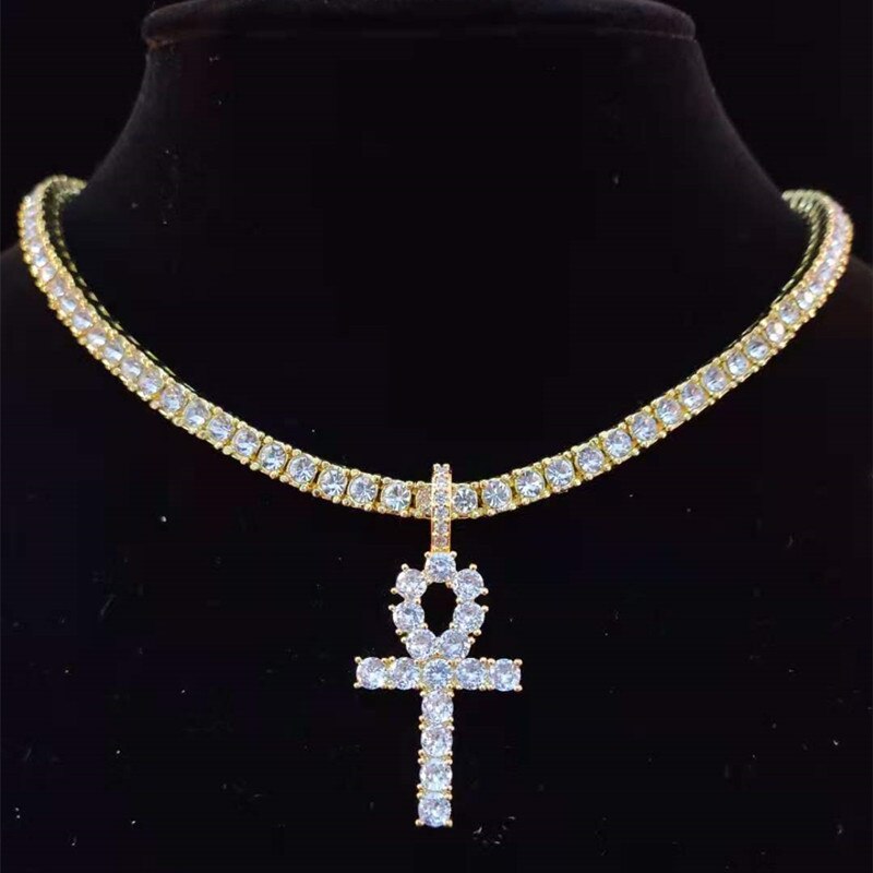 Men Women Hip Hop Ankh Cross Pendant Necklace with 4mm Zircon Tennis Chain Iced out Bling Necklaces HipHop Jewelry Gifts