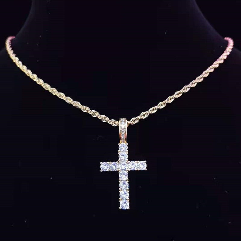 Men Women Hip Hop Cross Pendant Necklace with 4mm Zircon Tennis Chain Iced out Bling Necklaces HipHop Jewelry Gift