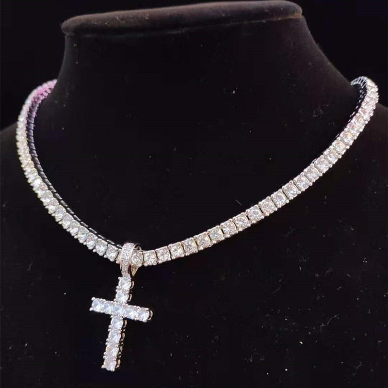 Men Women Hip Hop Cross Pendant Necklace with 4mm Zircon Tennis Chain Iced out Bling Necklaces HipHop Jewelry Gift