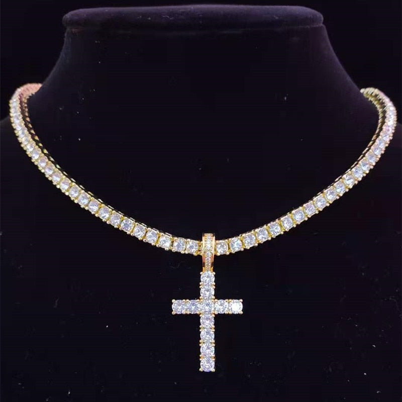 Men Women Hip Hop Cross Pendant Necklace with 4mm Zircon Tennis Chain Iced out Bling Necklaces HipHop Jewelry Gift