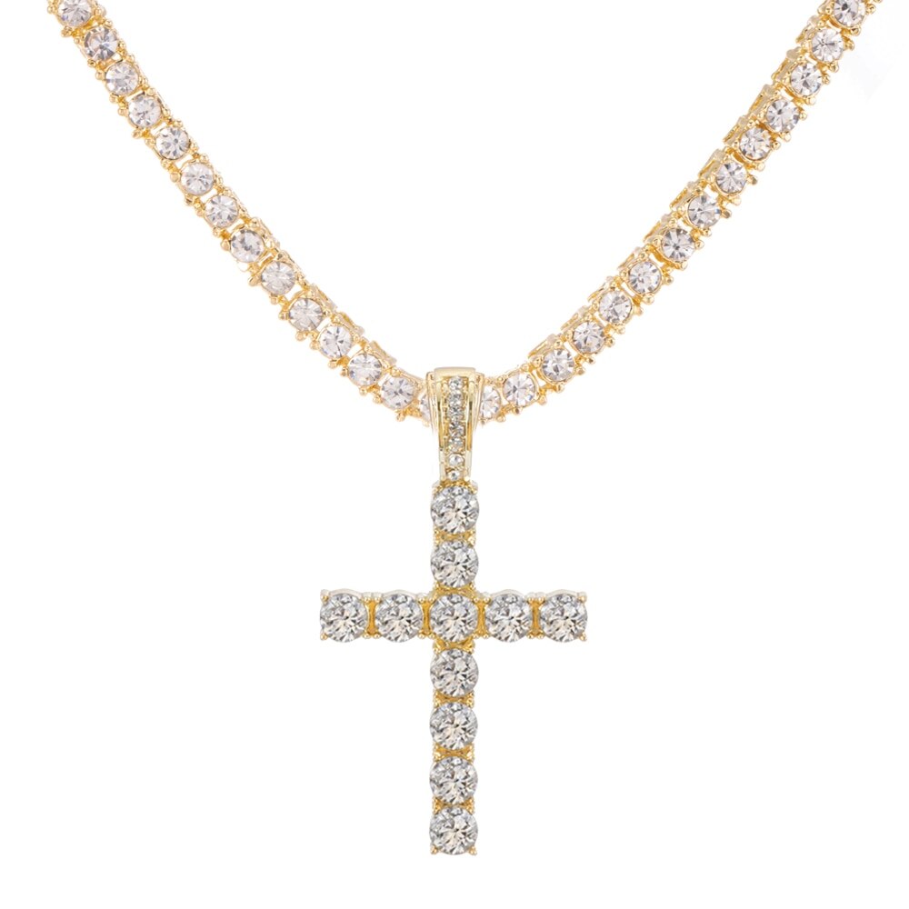 Men Women Hip Hop Cross Pendant Necklace with 4mm Zircon Tennis Chain Iced out Bling Necklaces HipHop Jewelry Gift A++