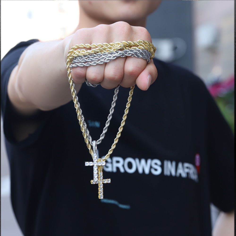 Men Women Hip Hop Cross Pendant Necklace with 4mm Zircon Tennis Chain Iced out Bling Necklaces HipHop Jewelry Gift A++