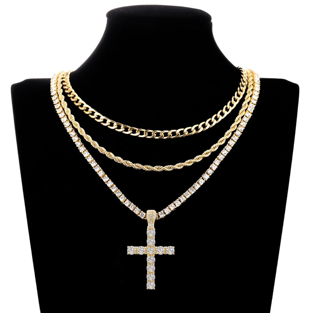 Men Women Hip Hop Cross Pendant Necklace with 4mm Zircon Tennis Chain Iced out Bling Necklaces HipHop Jewelry Gift A++