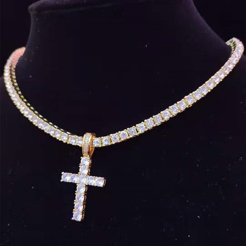 Men Women Hip Hop Cross Pendant Necklace with 4mm Zircon Tennis Chain Iced out Bling Necklaces HipHop Jewelry Gift