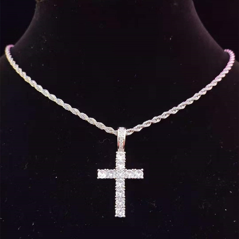 Men Women Hip Hop Cross Pendant Necklace with 4mm Zircon Tennis Chain Iced out Bling Necklaces HipHop Jewelry Gift
