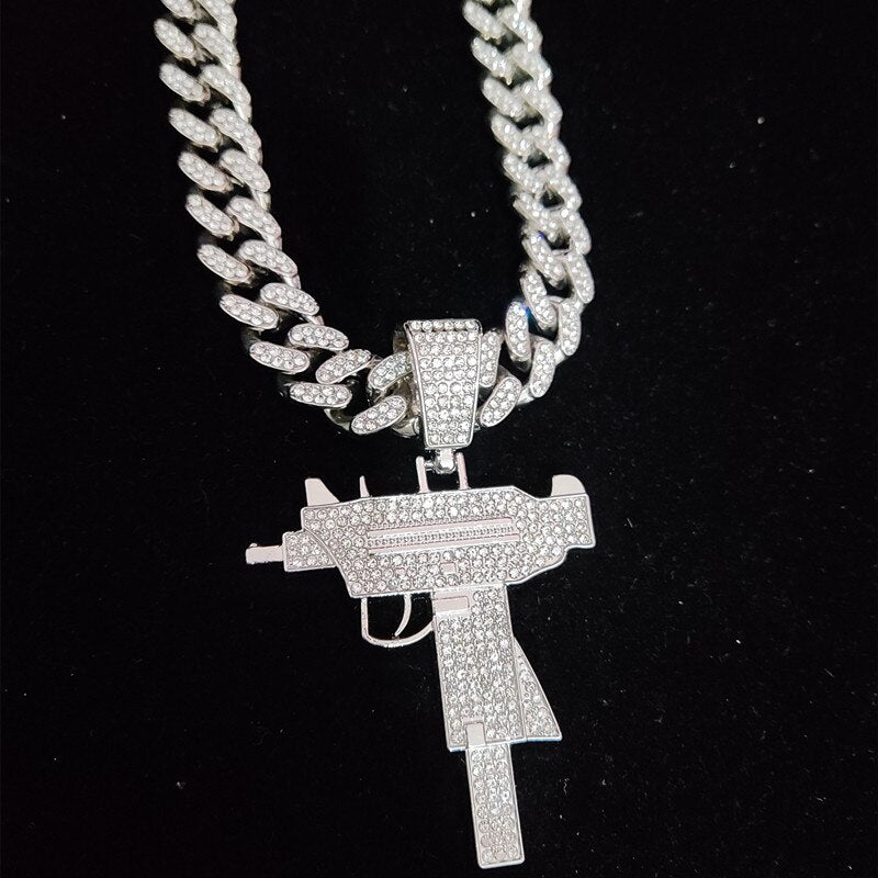 Men Women Hip Hop Iced Out Bling UZI Gun Pendant Necklace