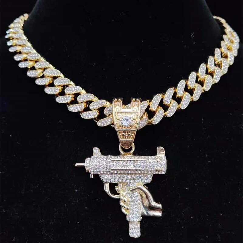Men Women Hip Hop Iced Out Bling submachine gun Pendant Necklace 13mm Miami Cuban Chain HipHop Necklaces  Charm Jewelry