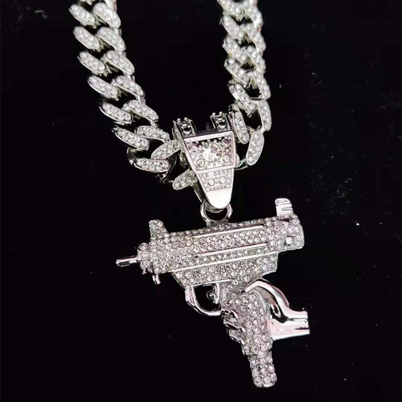 Men Women Hip Hop Iced Out Bling submachine gun Pendant Necklace 13mm Miami Cuban Chain HipHop Necklaces  Charm Jewelry
