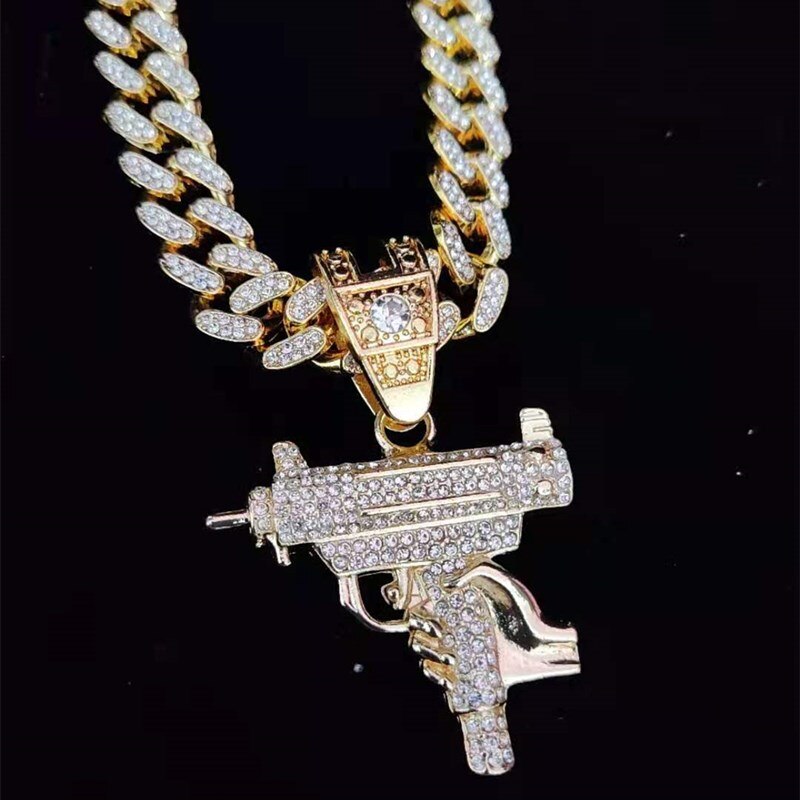 Men Women Hip Hop Iced Out Bling submachine gun Pendant Necklace 13mm Miami Cuban Chain HipHop Necklaces  Charm Jewelry