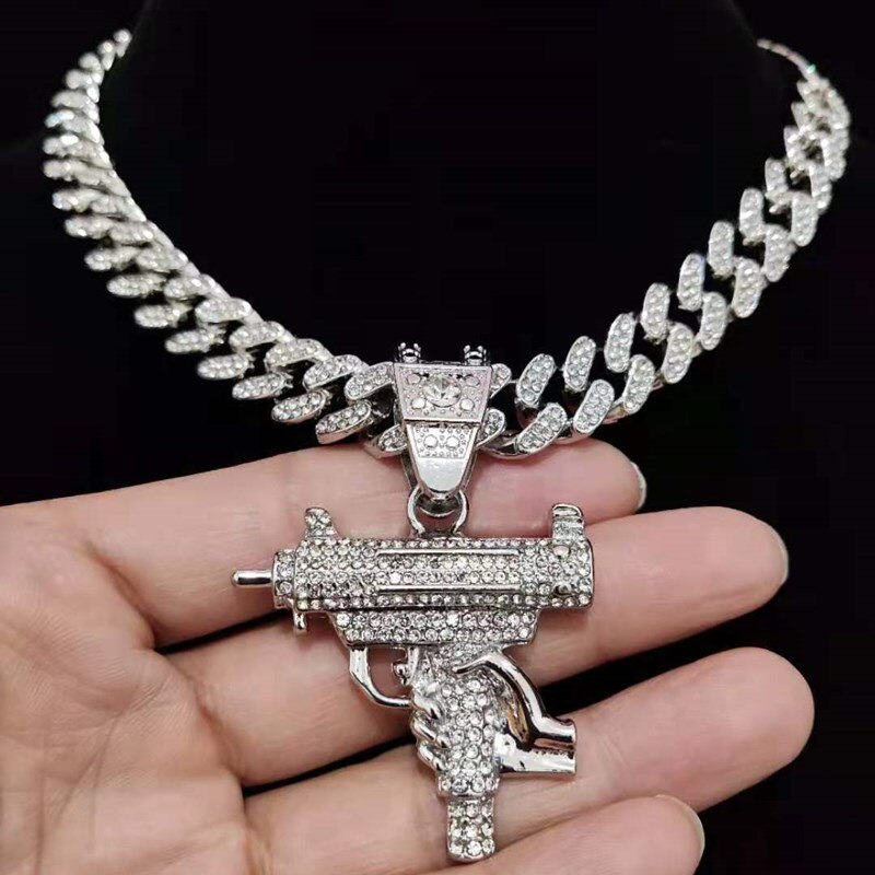 Men Women Hip Hop Iced Out Bling submachine gun Pendant Necklace 13mm Miami Cuban Chain HipHop Necklaces  Charm Jewelry