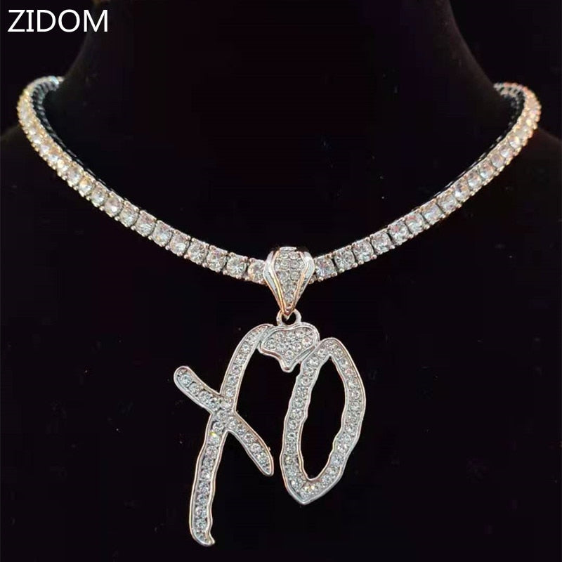 Men Women Hip Hop XO Letters Pendant Necklace with 4mm Zircon Tennis Chain Iced out Bling Necklaces HipHop Jewelry