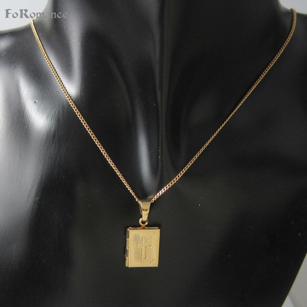 /Min order 10$  YELLOW GOLD GP 18" CIRCLE LINK NECKLACE & JESUS CROSS RELIGIOUS GOD  RECTANGLE CAN BE OPENED HANGS 0.9" PENDANT