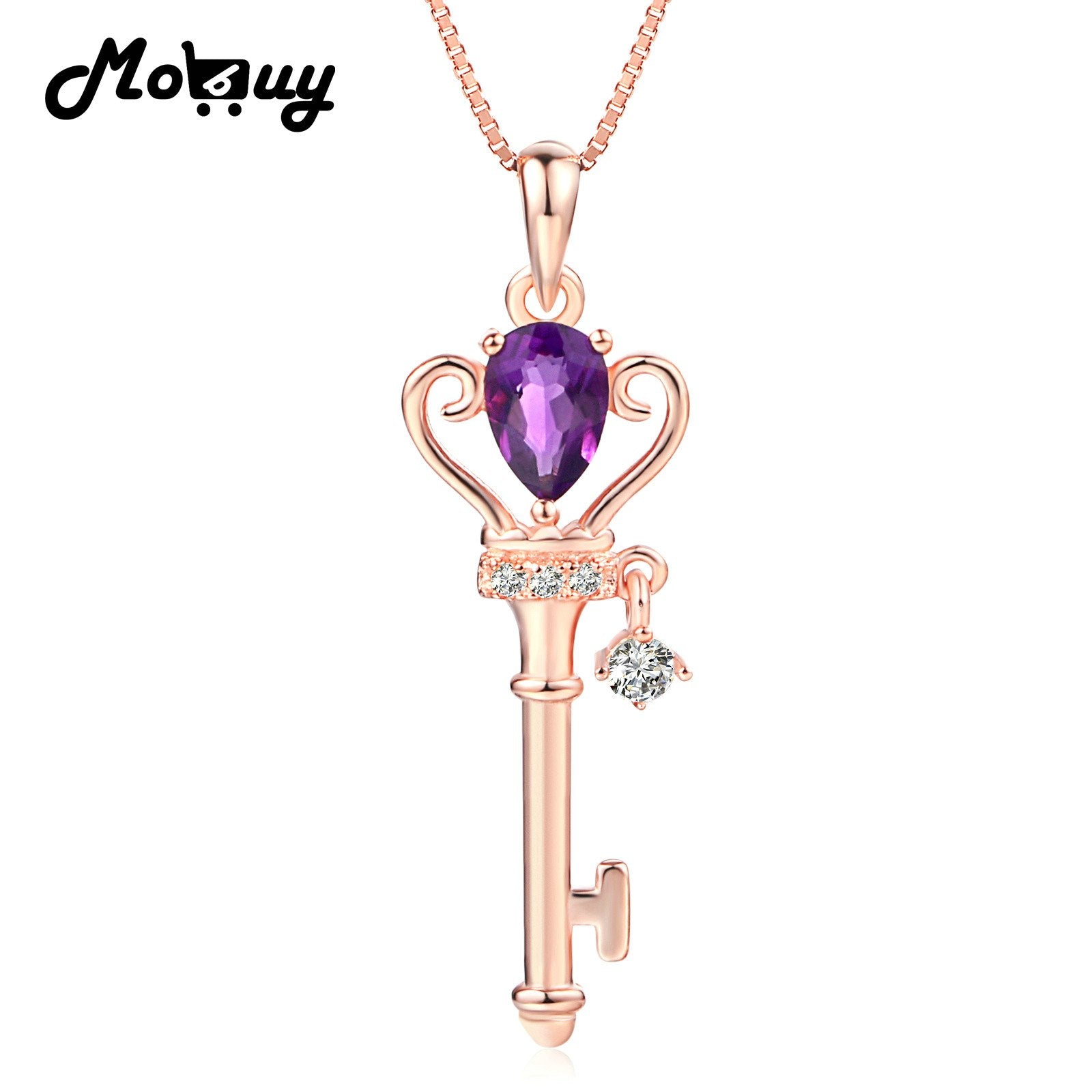 MBNI004 Natural Gemstone Purple Amethyst Necklace & Pendant 925 Sterling Silver Rose Gold Plated Love Key Fine Jewelry