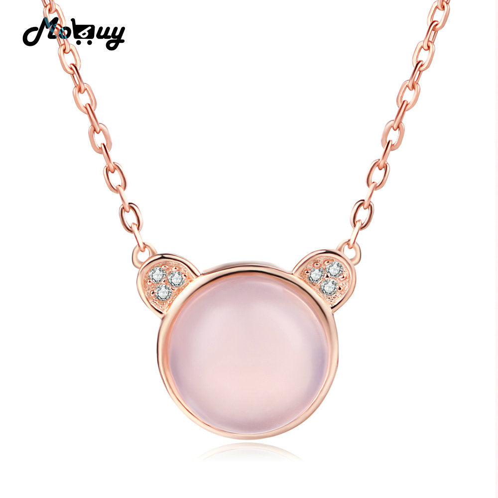 MBNI007 Natural Gemstone Rose Quartz Lovely Bear Necklace & Pendant 925 Sterling Silver Rose Gold Plated Fine Jewelry Gift